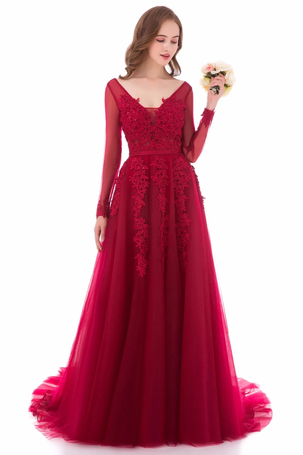 Винно-красное вечернее платье длинное 2020 Тюль с кружевной аппликацией и длинными