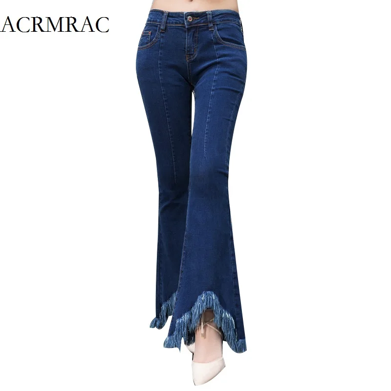 

ACRMRAC Women 2018 The New blue Elasticity tassel Flare Pants Regular Long pants jeans