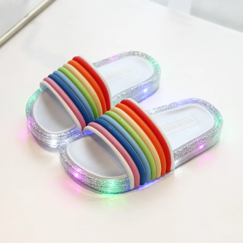 Summer new LED flashing lights Jelly Rainbow word flip sandals girls soft bottom fish mouth baby children's slippers