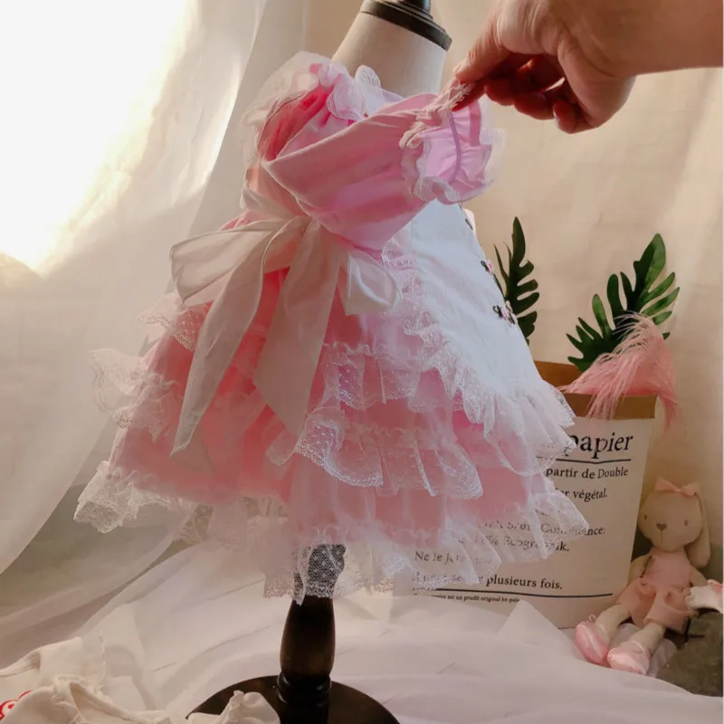 

2019Autumn Pink Princess Maid Dress+vest Spanish Girls Cotton Hand-made Fluffy Lolita Dress Princess Costume Toddler Girl Dress