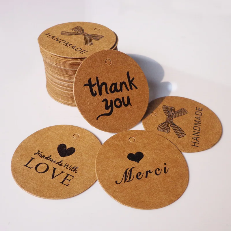 

100pcs Round Thank you Handmade Merci Love Bookmark Brown Paper Gift Tags Hang Tag Retro Kraft Paper Cards Label DIY Dia.4cm