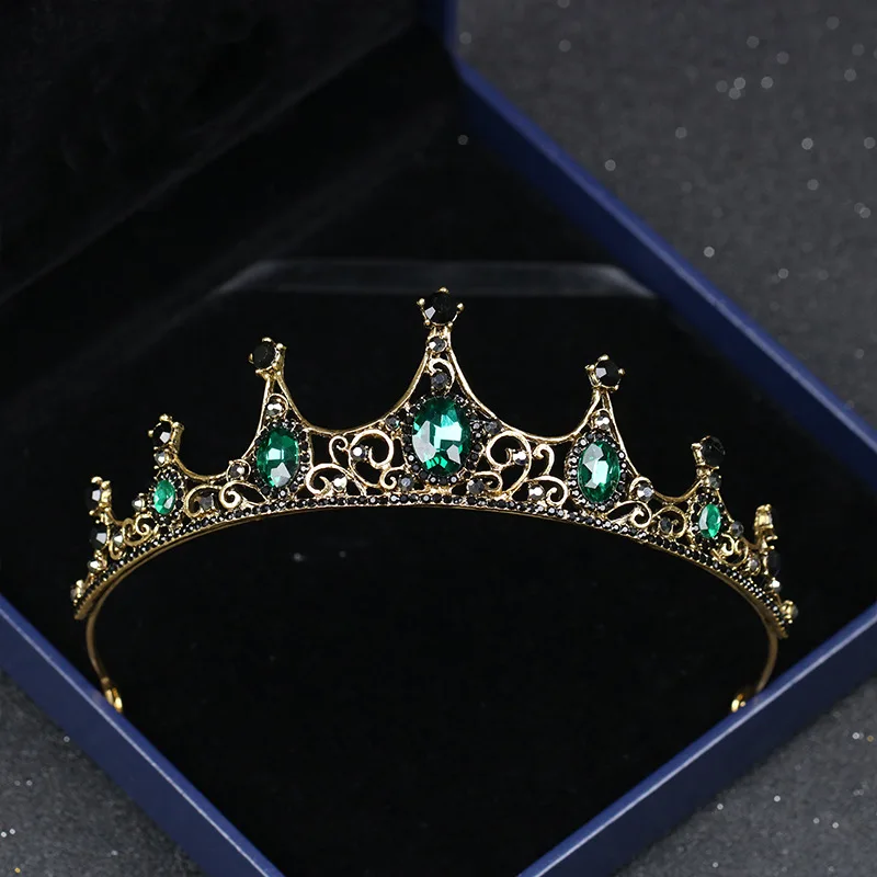 

JaneVini Baroque Pageant Crown Headband Dark Green Crystal Hair Headpiece Vintage Gold Bridal Tiara Rhinestone Hairband Jewelry