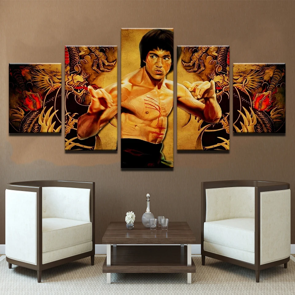 Modern Canvas HD Printed Home Decor 5 Panel Kung Fu Superstar Bruce Lee Poster Framework For Room Wall Art Painting Pictures | Дом и сад