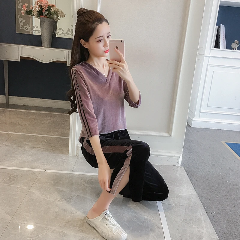 

suit pleuche clothes korean fashion two-piece outfit velvet clothing set lady v neck casual hoodies sweatshirt pants leisure