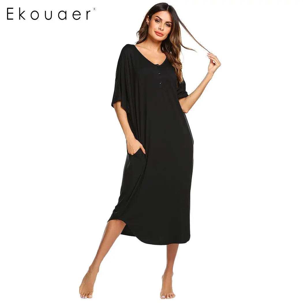 Ekouaer, длинная ночная рубашка, женская ночная рубашка, одежда для сна, платье, повседневное, одноцветное, v-образный вырез, половина рукава, свободная ночная рубашка, женское домашнее платье - Цвет: Black