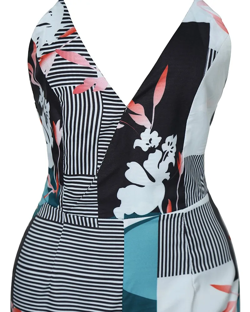 Women Summer Elegant V-Neck Sleeveless Open Back Brief Casual Jumpsuit Spaghetti Strap Mixed Print Wide Leg | Женская одежда