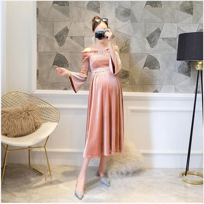 

2018 Shoulderless pregnancy spring dress maternity photography props long sleeve dress pregnancy maternity garments