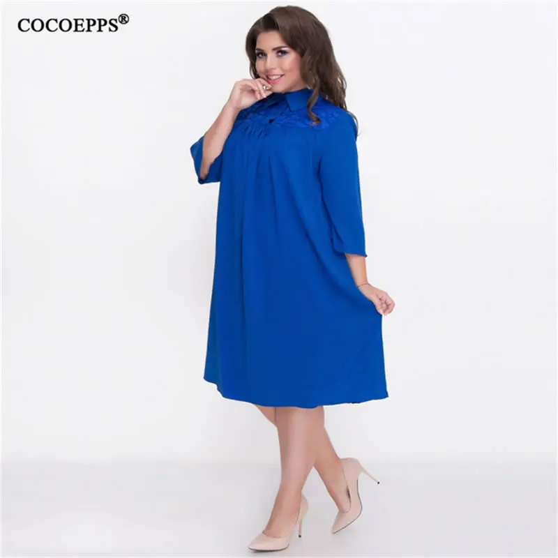 Blue COCOEPPS, женское Повседневное платье большого размера, зима, Осеннее кружевное платье с длинным рукавом, офисное платье большого размера плюс, Свободные Теплые платья Vestido - Цвет: Blue