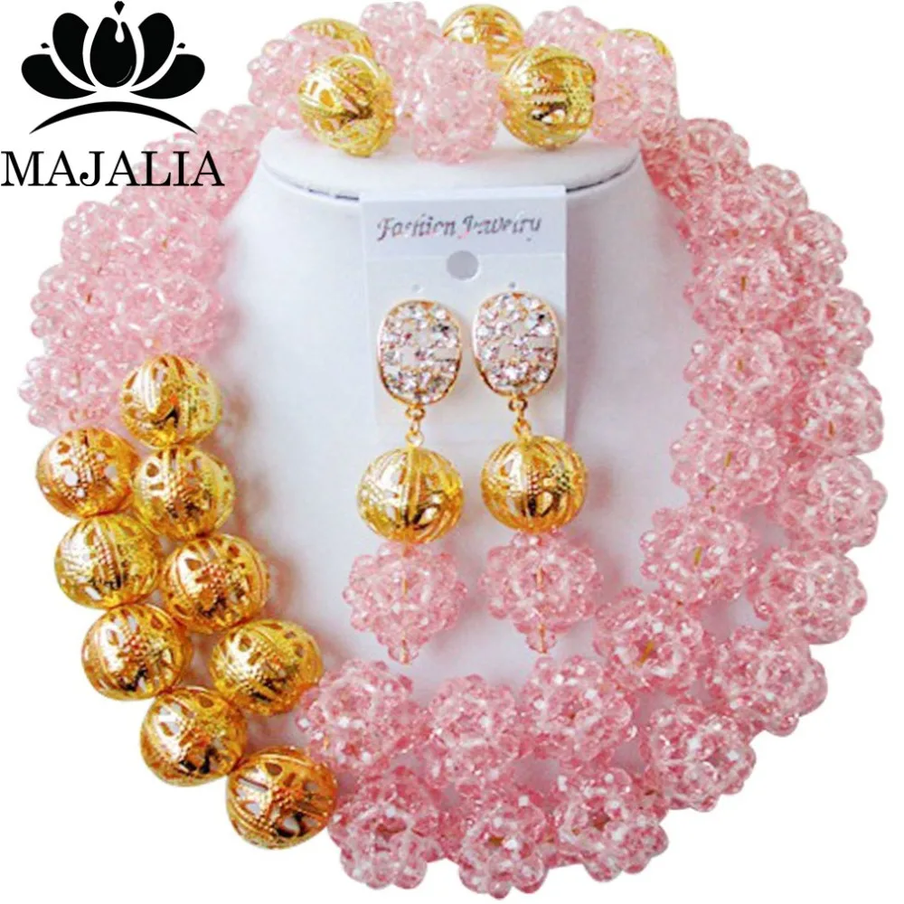 

Trendy Nigeria Wedding african beads jewelry set Peach Crystal necklace bracelet earrings Free shipping VV-269