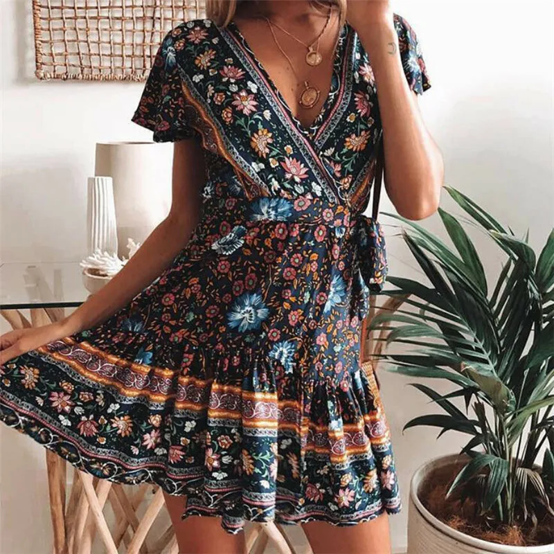 As Photo Show Винтаж Для женщин короткий рукав Обёрточная бумага Boho мини-юбки с цветочным рисунком платье Летний Сарафан праздничное V образным вырезом короткий рукав платье с принтом - Цвет: As Photo Show