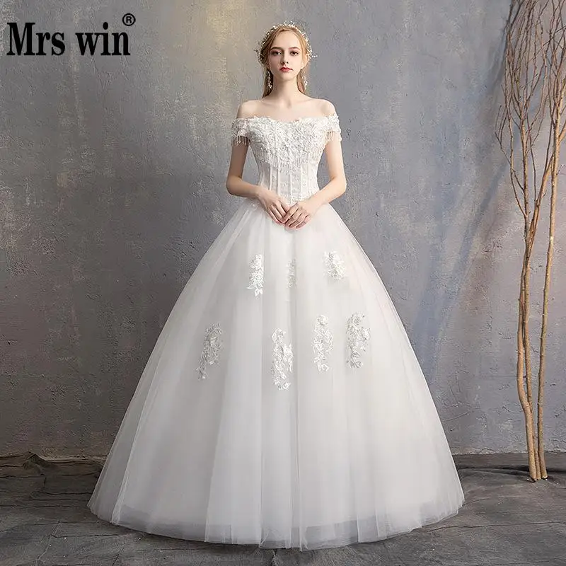 2019 свадебное платье новое Mrs Win лодка бальное с круглым вырезом открытыми плечами