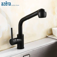 azeta free shipping black faucet pull out kitchen mixer torneira single hole deck mounted tap dual sprayer kitchen faucetmk4409b