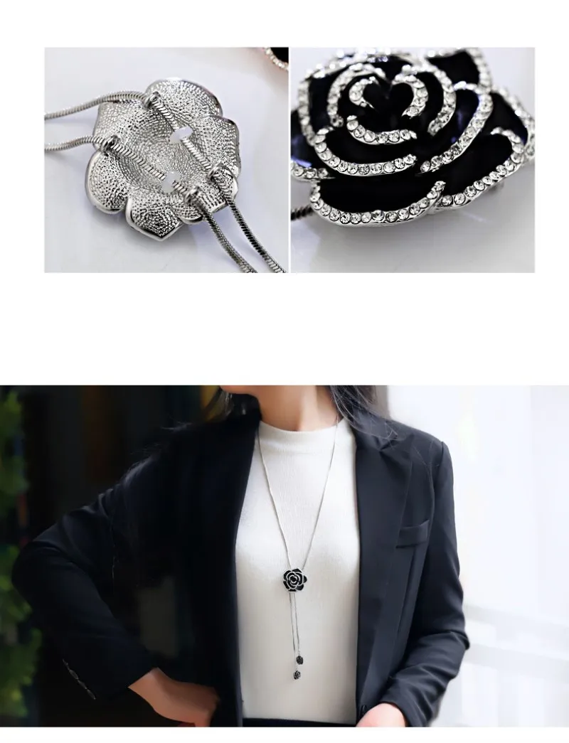 Новинка, модная цепочка для свитера с черной розой, Женский Кристалл от Swarovski, 2 цвета, осенне-зимнее ретро ожерелье с цветами