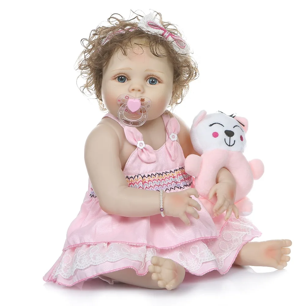 

NPK DOLL 57cm bebe reborn toddler girl doll pink dress full body silicone baby reborn newborn hair rooted Anatomically Correct