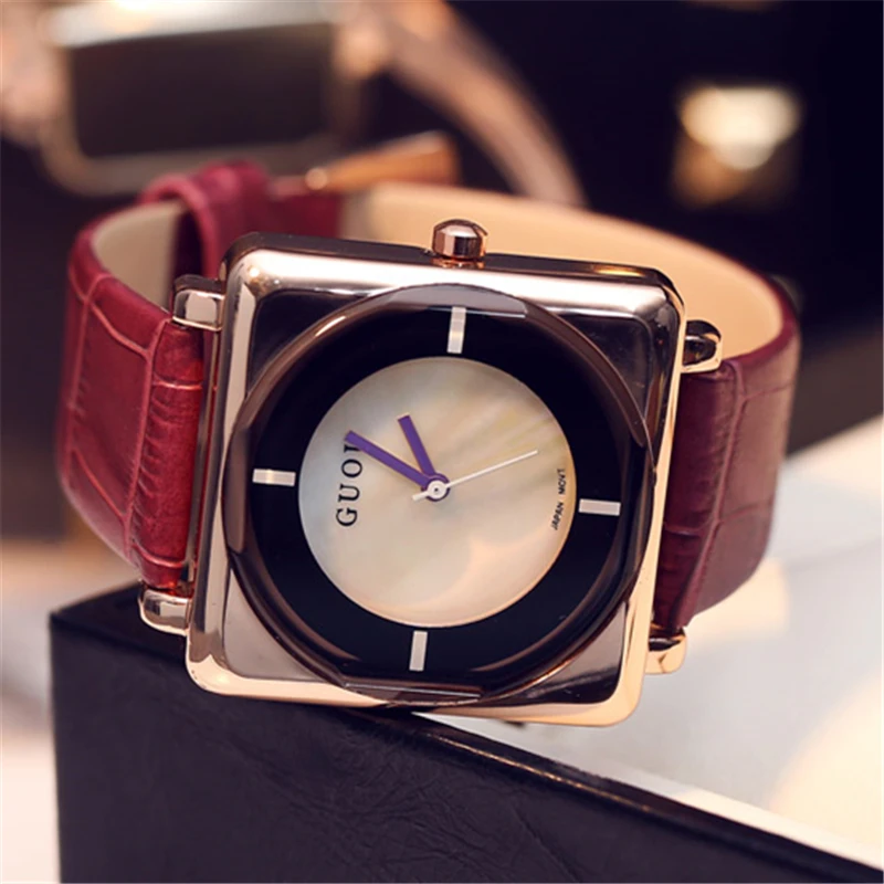 GUOU Square Dial Wrist Watches for Women Fashion Casual Dress Simple Leather Quartz Ladies Wristwatch Clock zegarki damski Black | Наручные