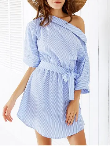 Для женщин платье 2017 пикантные Модные Синий Полосатый Сторона Сплит элегантный