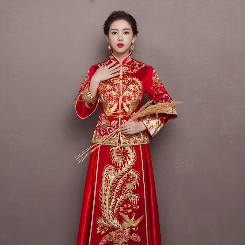 Red Bride Wedding Qipao Chinese Dress Retro Toast Clothing Dragon and Phoenix Gown Happy Marriage Clothes | Тематическая одежда и