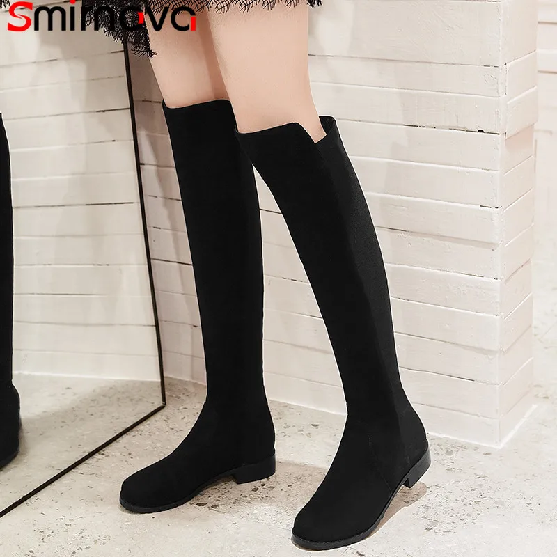 Smirnova black fashion autumn winter boots women round toe knee high med heels stretch fabric+cow leather big size | Обувь
