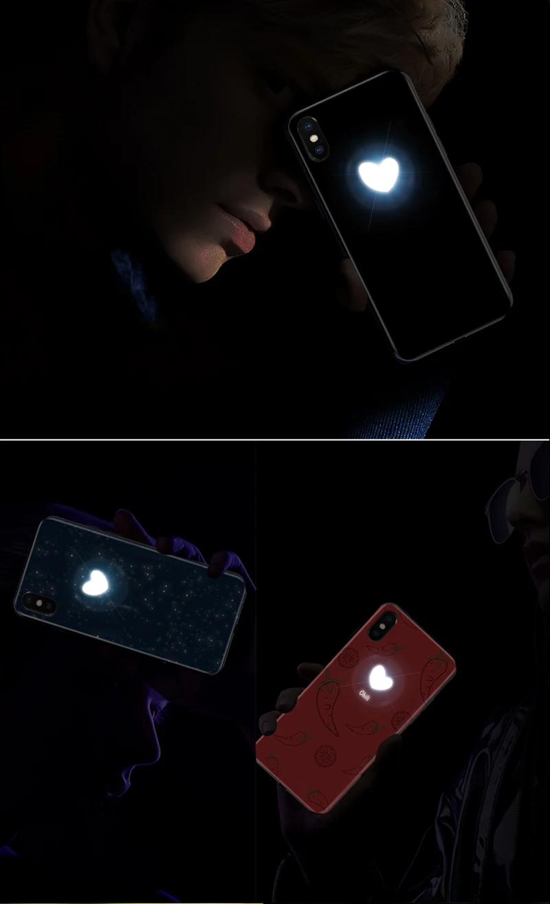 EKIND Серия Сердце чехол из закаленного стекла для телефона для iPhone X XS XSMAX светодиодный логотип Вспышка стеклянный чехол для iPhone защитный чехол для телефона