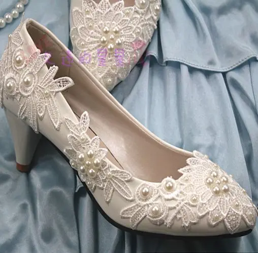 Plus size ivory lace pearls wedding shoes women handmade big size low med high heels sweet bridesmaid shoes lady proms shoes