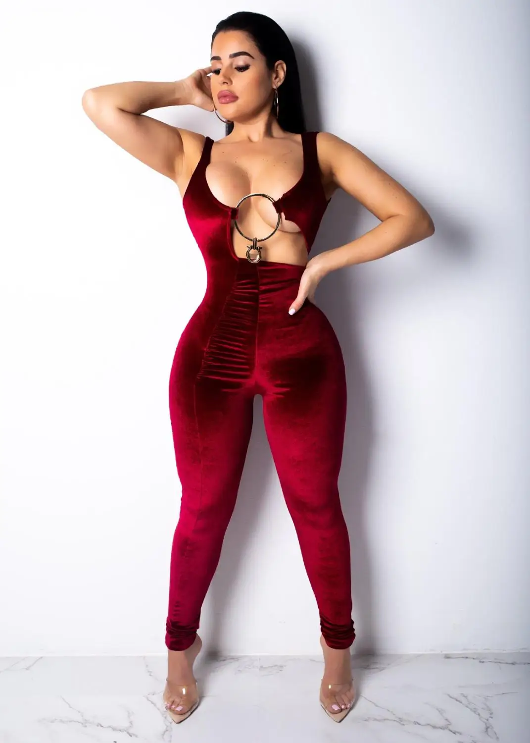 burgundy jumpsuit Бархатный комбинезон с большим кольцом и мозаикой, женский сексуальный комбинезон без рукавов с вырезами, облегающий женский комбинезон для ночного клуба, женский комбинезон - Цвет: burgundy jumpsuit