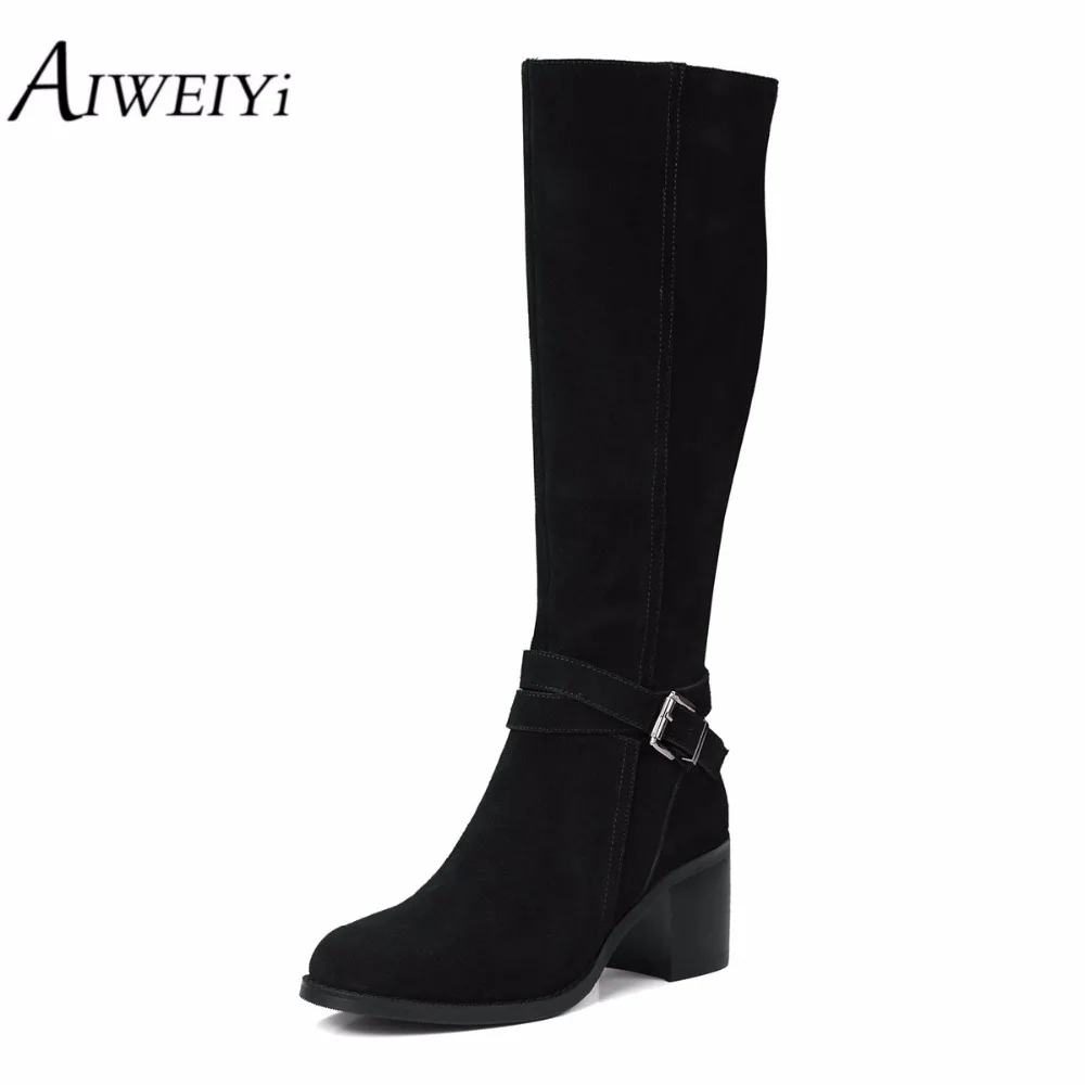 AIWEIYi/женские зимние сапоги цвет черный коричневый до колена на высоком