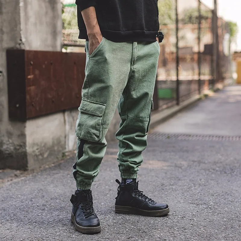2018 Japanese Men's Fashion Pocket Decoration Hit Color Bound Feet Casual Cargo Pants Loose Black/Green Trousers Size M-3XL | Мужская