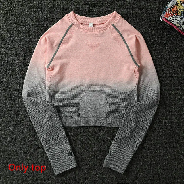 Rose red top Комплект из 3 предметов для йоги, бесшовные леггинсы с эффектом омбре, спортивный бюстгальтер+ укороченный топ с длинным рукавом+ женские леггинсы для бега и спортзала, спортивный костюм с высокой талией для фитнеса - Цвет: Rose red top