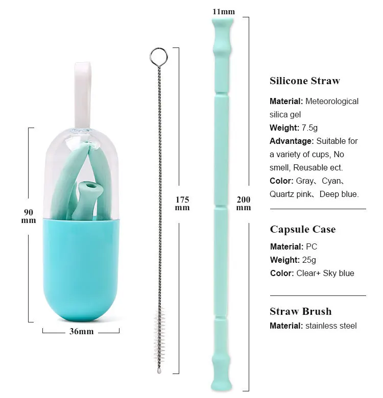 Cokytoop Silicone Reusable Straw Eco-Friendly Foldable Portable Camping Outdoor Folding Drinking Straw with Cleaner Brush