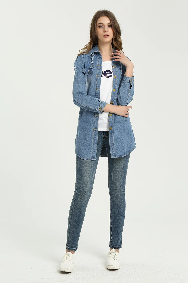 

2019 autumn new style women Denim long coat jacket women fashionable casual Denim jacket plus size long trench coat