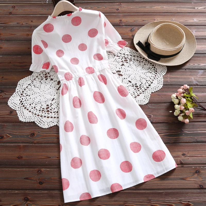 Женское летнее платье в горошек с коротким рукавом и оборками | Женская одежда