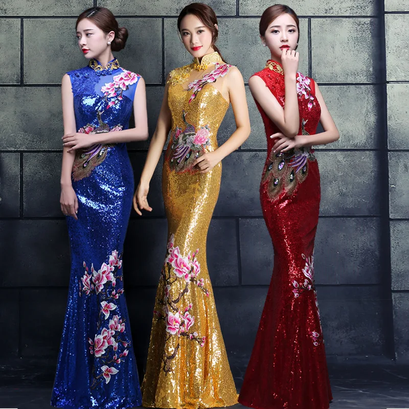Red Chinese Wedding Dress Female Long Cheongsam Gold Slim Chinese Traditional  Dress Women Qipao for Wedding Party embroidery - купить по выгодной цене |  AliExpress