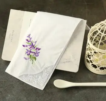 white and purple 4 28 см роскошный хлопковый белый кружевной вышитый носовой платок женский квадратный платок Дамский носовой платок детское полотенце вечерние подарок на свадьбу - Цвет: white and purple 4