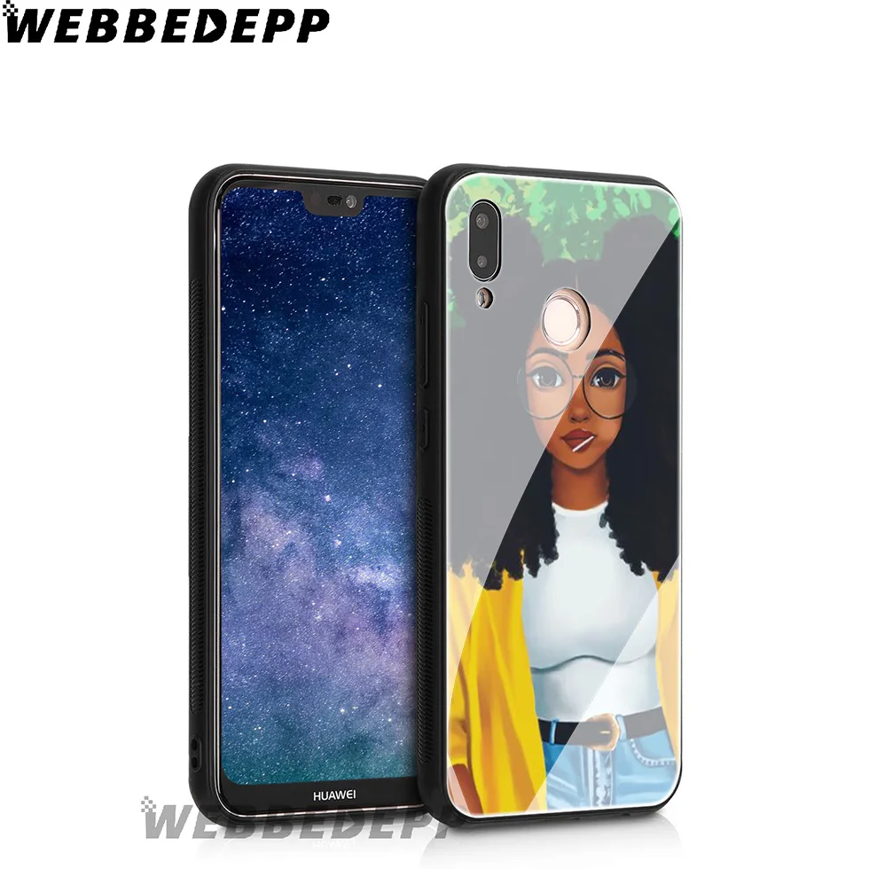 WEBBEDEPP Afro Girls Colorful Cute Tempered Glass Case for Huawei Mate 20 P20 P10 P Smart 2019 2018 &amp Honor 10 9 8X 7A Lite Pro |