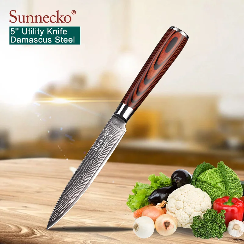 SUNNECKO 5 дюймовый НОЖ 73 слоя Дамаск VG10 Стальные Кухонные ножи шеф повара острое лезвие Pakka режущие инструменты