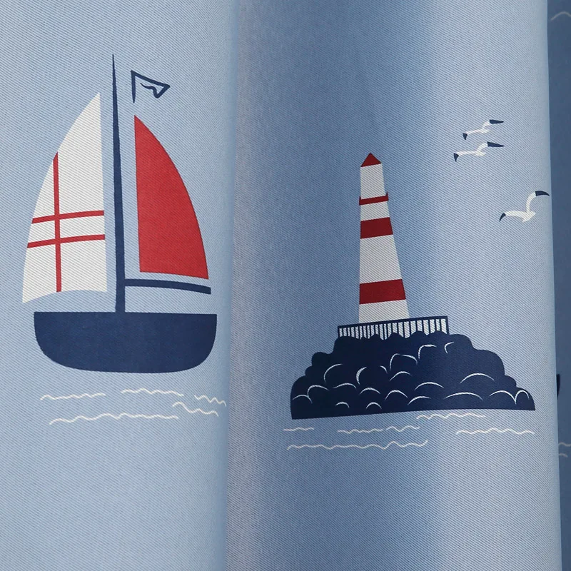 

Blue Sailboat Mediterranean Cartoon Curtain Kids Children Bedroom Living Room Semi-shade Curtains Finished Product