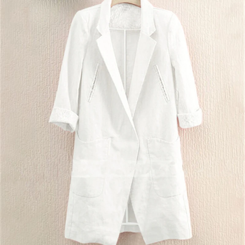 Блейзер Женский тонкий из хлопка и льна с рукавом средней длины на весну лето