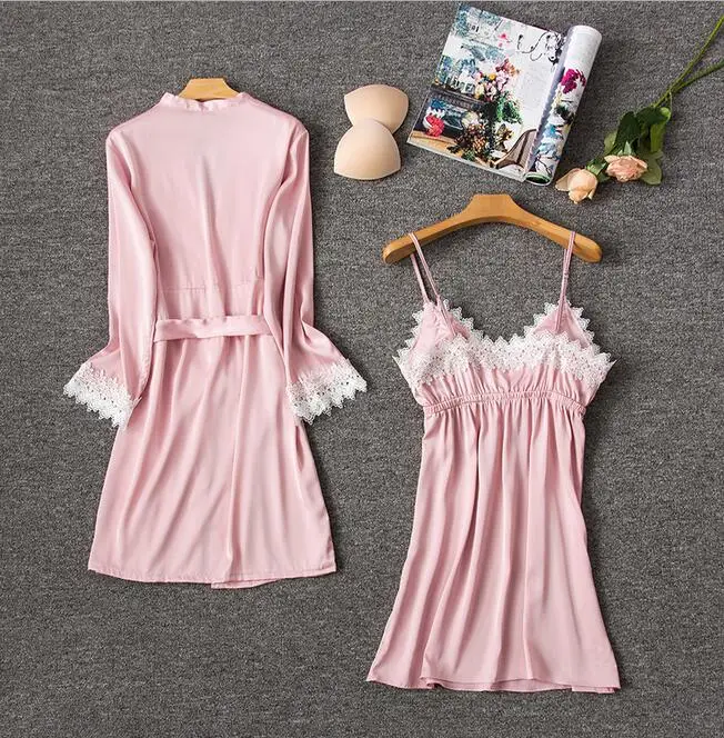 pink FZSLCYIYI сексуальный Шелковый Атласный ночной халат и халат набор женщин лед 2 шт ночной набор женщин тонкие Сатиновые бретелькки ночная рубашка - Цвет: pink