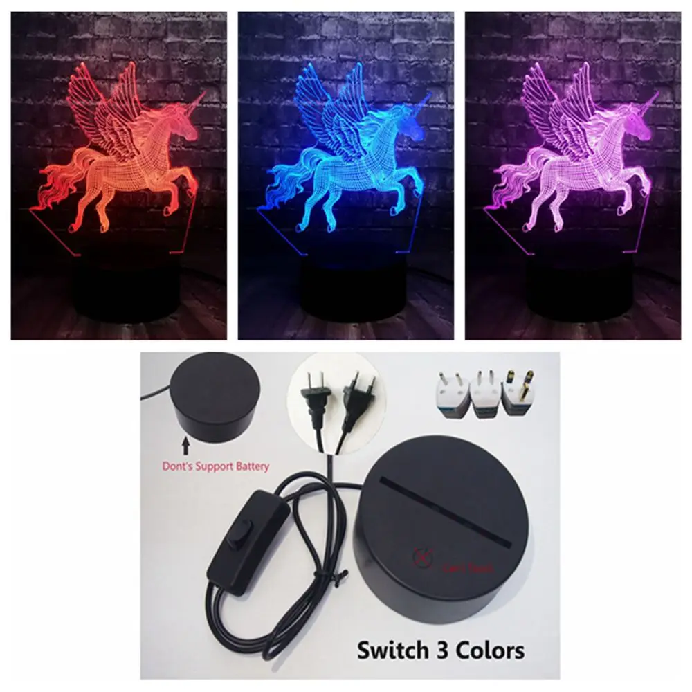 Switch 3 Color 3D Lava Flying Wings Единорог Лошадь светодиодный стол для детской спальни 7 цветов USB зарядка Романтический лунный Ночной светильник подарок на день рождения для детей - Испускаемый цвет: Switch 3 Color