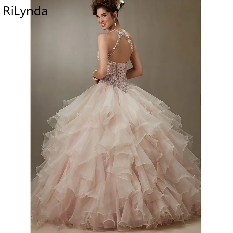 Шампанское платье для Quinceanera 2019 Бальные платья милое 16 дюймов с глубоким декольте