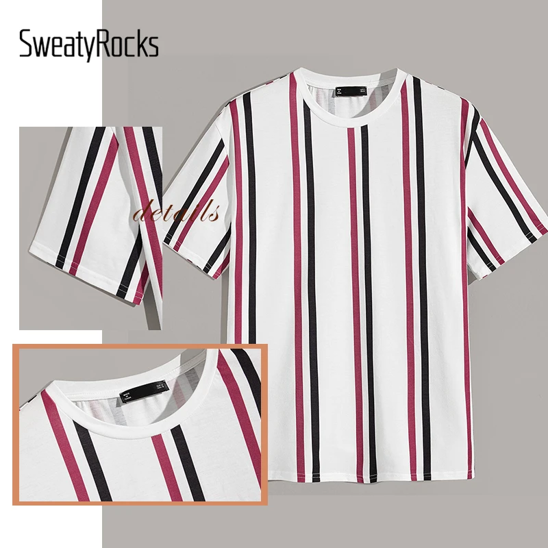 SweatyRocks, мужская полосатая футболка с коротким рукавом, уличная одежда, мужские футболки, мода, летние повседневные мужские футболки и топы