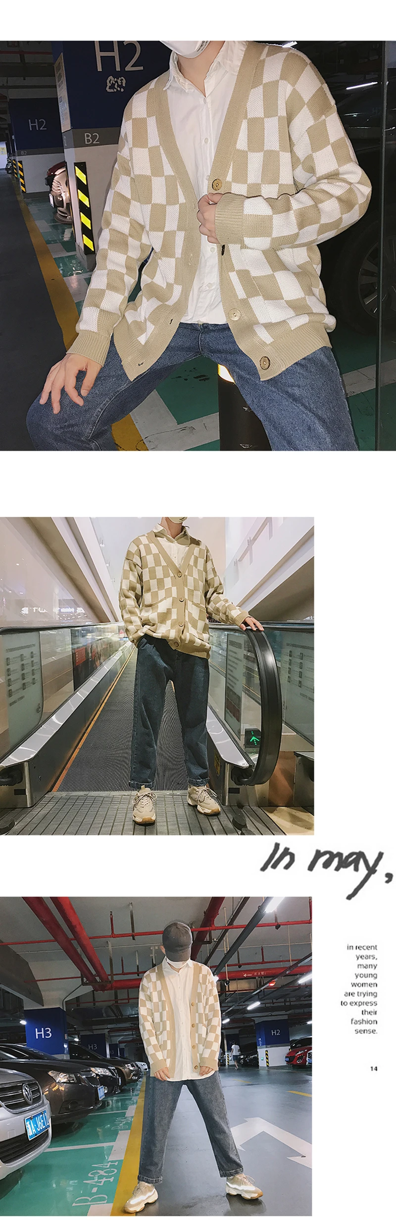 Plaid Oversized Sweater Men Hip Hop Mens v Neck Knit Cardigan Hombre Korean Checked Vintage Knitted Jacket Sweaters Mens Stylish