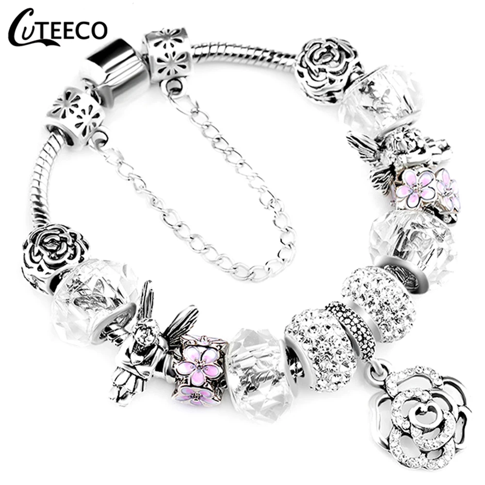 CUTEECO 925, модный серебряный браслет с шармами, браслет для женщин, Хрустальный цветок, сказочный шарик, подходит для брендовых браслетов, ювелирные изделия, браслеты
