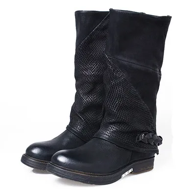 Black Prova Perfetto новые стильные женские сапоги из натуральной кожи с ремешком и пряжкой в стиле пэчворк рыцарские сапоги с круглым носком на толстой подошве женские сапоги на плоской подошве - Цвет: Black