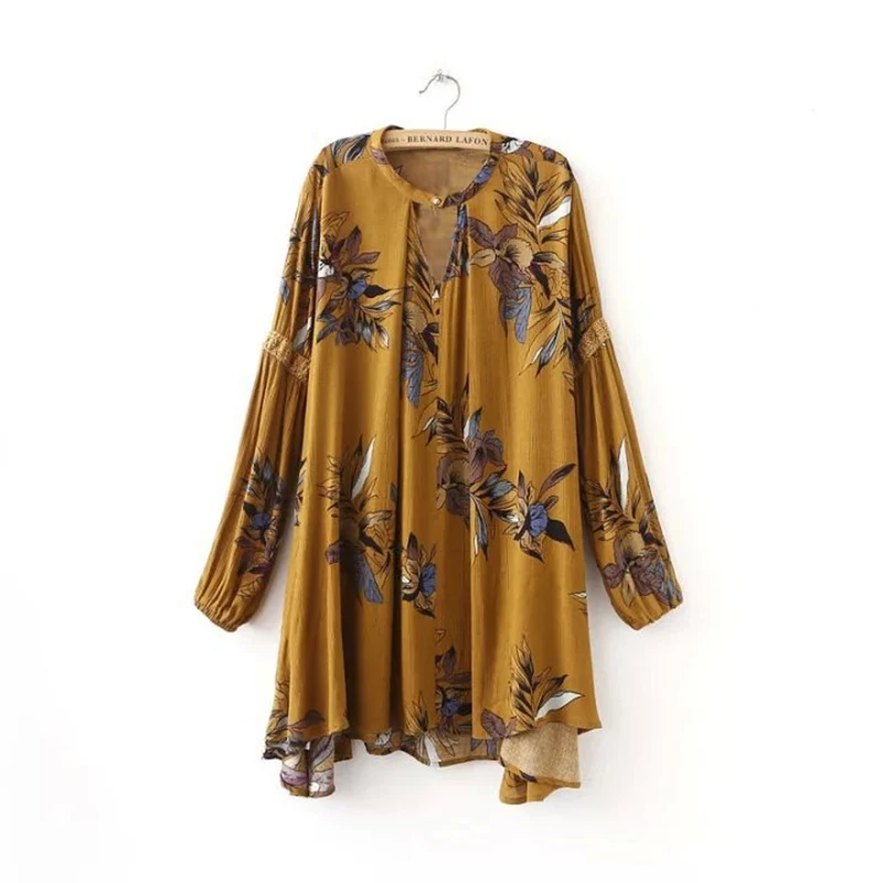 Bella Philosophy 2019 spring summer casual long-sleeved V-neck floral print yellow blue women mini dress | Женская одежда