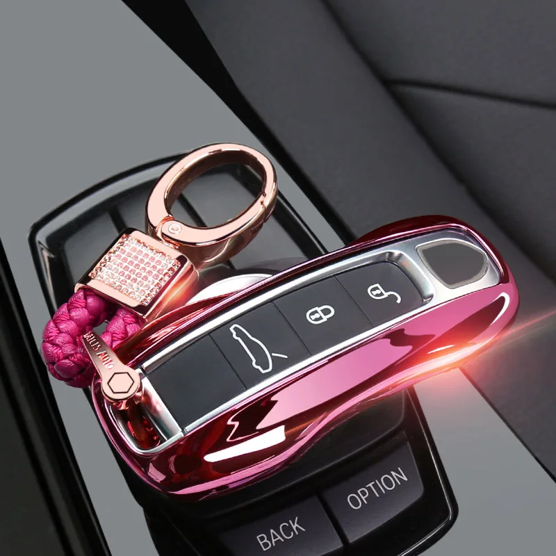 pink with buckle Чехол для ключей автомобиля Porsche Panamera 971 Cayenne Fob держатель умный пульт дистанционного управления с цепочкой для ключей - Название цвета: pink with buckle