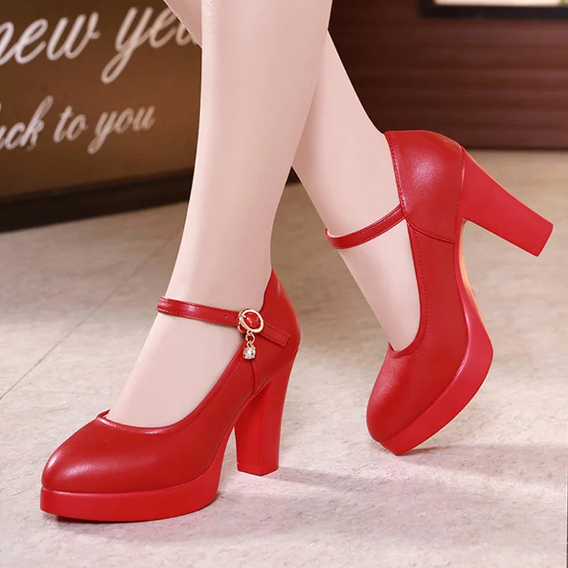 red heel height 8cm Cuculus натуральная кожа 10 см 8 см 5 см высокие каблуки плюс Размеры Черные каблуки женские свадебные Лодочки на платформе леди; Tacons коренастый обувь 1803 - Цвет: red heel height 8cm