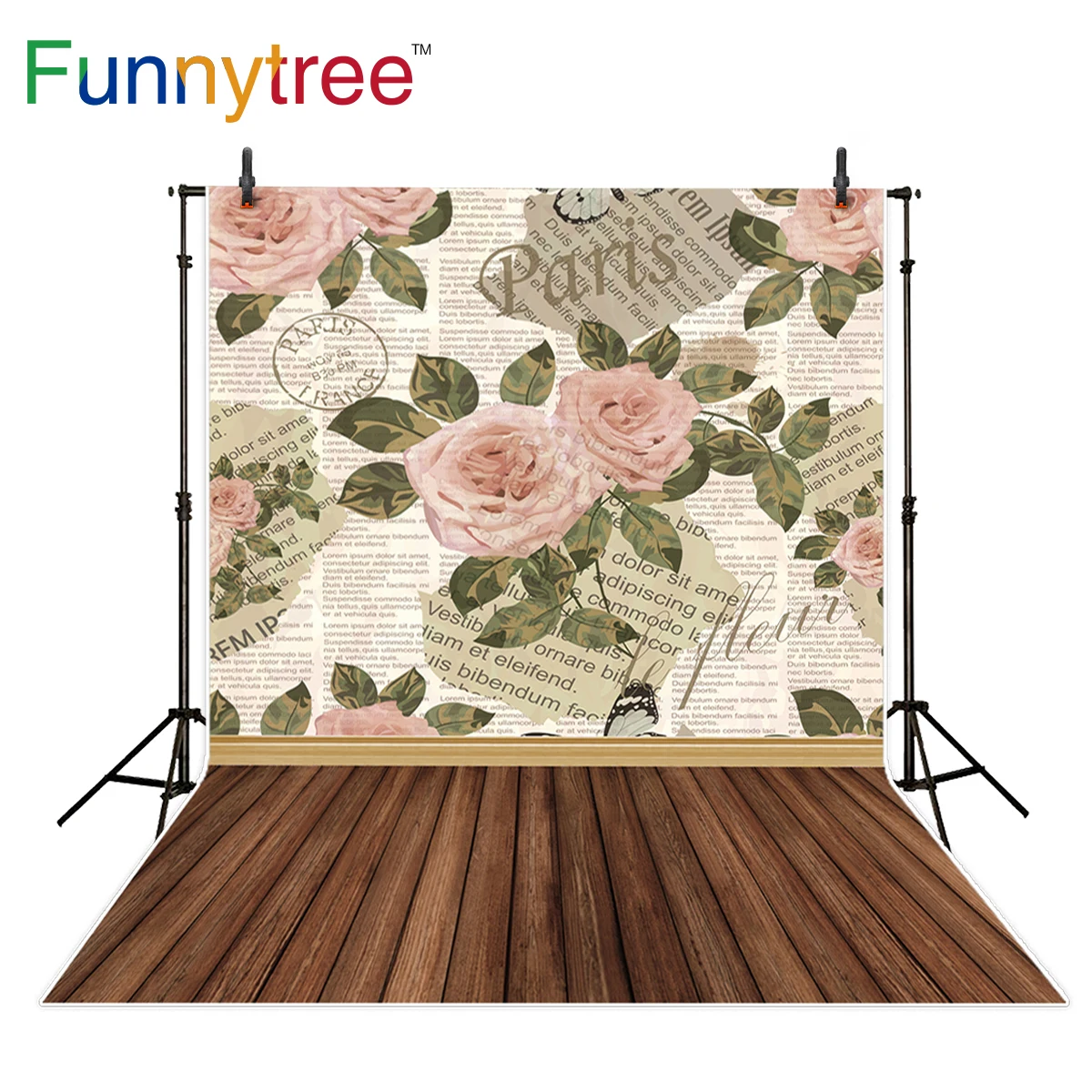 Funnytree photography backdrop pink rose old letter paris newspaper wood floor background photo studio photobooth prop | Электроника