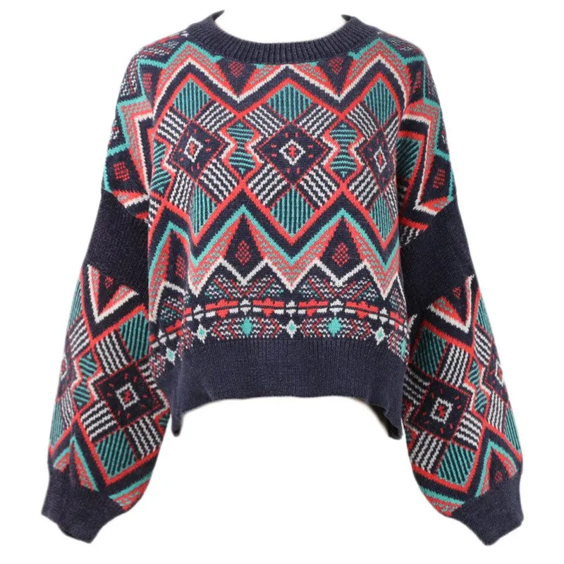 Женский короткий пуловер с рукавами-фонариками теплый свитер большого размера