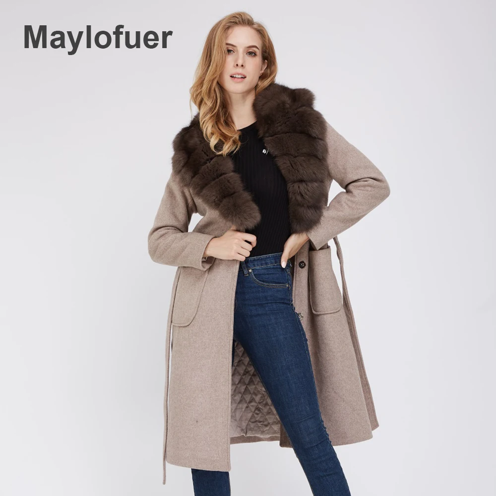 Maylofuer Женское пальто из натурального меха лисы длинное шерстяное меховая одежда